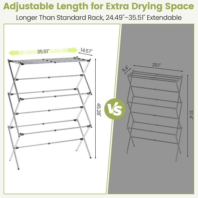 Stainless Steel Clothes Drying Rack, 45.28" H × 14.57" D | Foldable & Extendable - Image 2