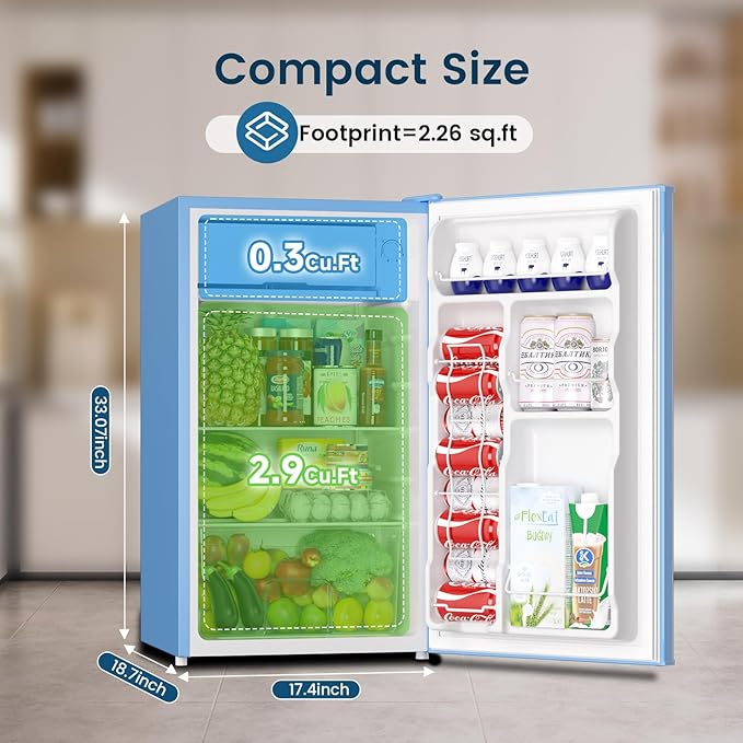 BANGSON Mini Fridge with Freezer, 3.2Cu.Ft, Single Door Small Refrigerator, Energy-efficient, Low Noise, Mini fridge for Bedroom Dorm and Office, Blue