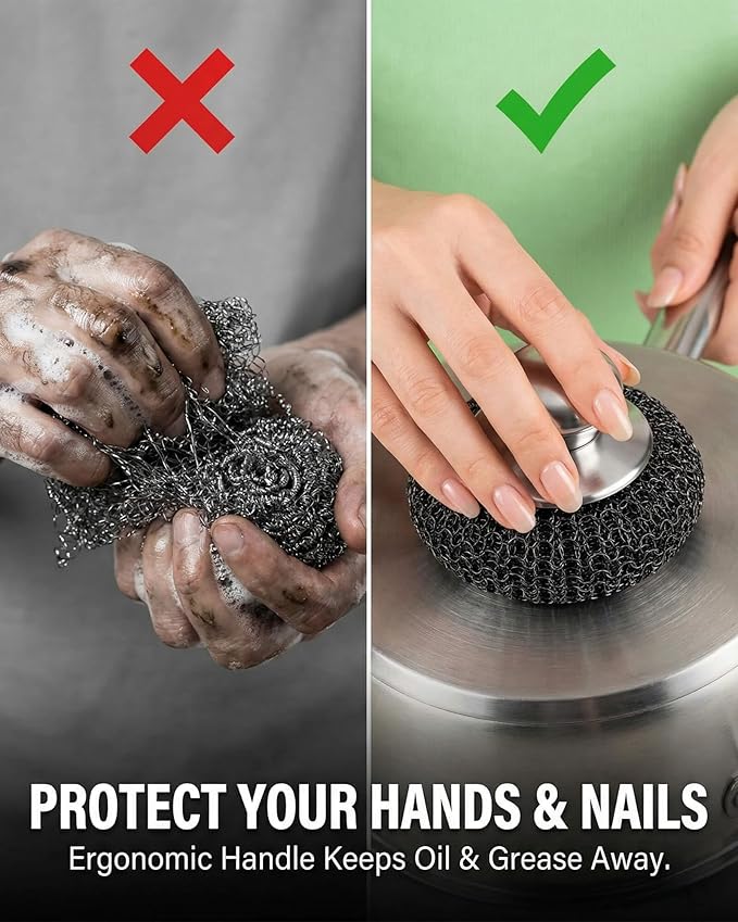 6 Pcs Steel Wool Scrubbers - Premium 304 Stainless Steel Metal Sponges for Cast Iron Skillets, Grill & Kitchen Pots - Rust Resistant, Non-Splintering Heavy Duty Scouring Pads for Tough Grease