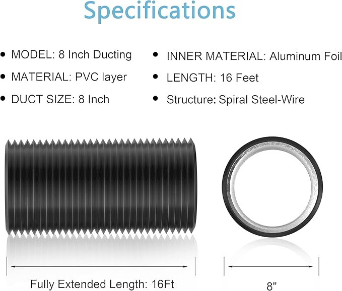 Hon&Guan 8 inch 16 FT Long Air Ducting, Heavy-Duty Four-Layer Protection Dryer Vent Hose for Heating Cooling Ventilation and Exhaust-with 2 Clamps, Black
