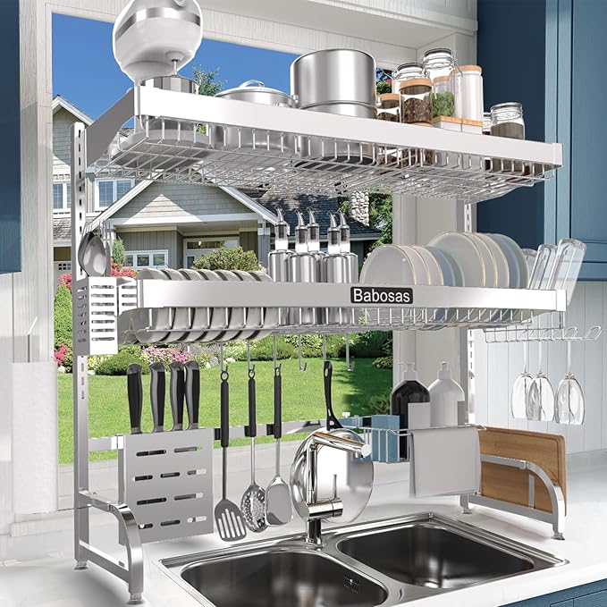 Over The Sink Dish Drying Rack,3 Tier Adjustable Length (25.5'' to 37.4'') Full Stainless Steel Large Storage Kitchen Dish Rack,For Kitchen Counter Expandable Multifunctional Organizers,Silver