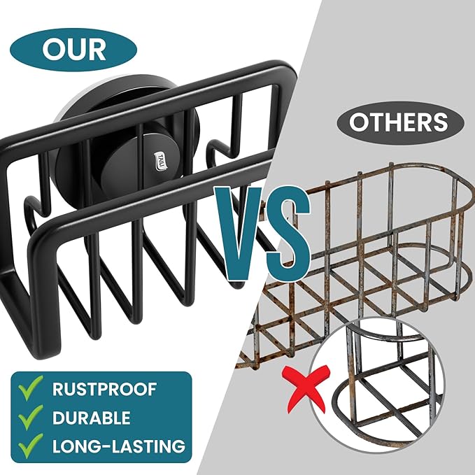 TAILI Sponge Holder for Kitchen Sink with Strong Suction Cup, Removable Sponge Holder, Rustproof Aluminum Sink Caddy for Sponges, Dish Brush - Black