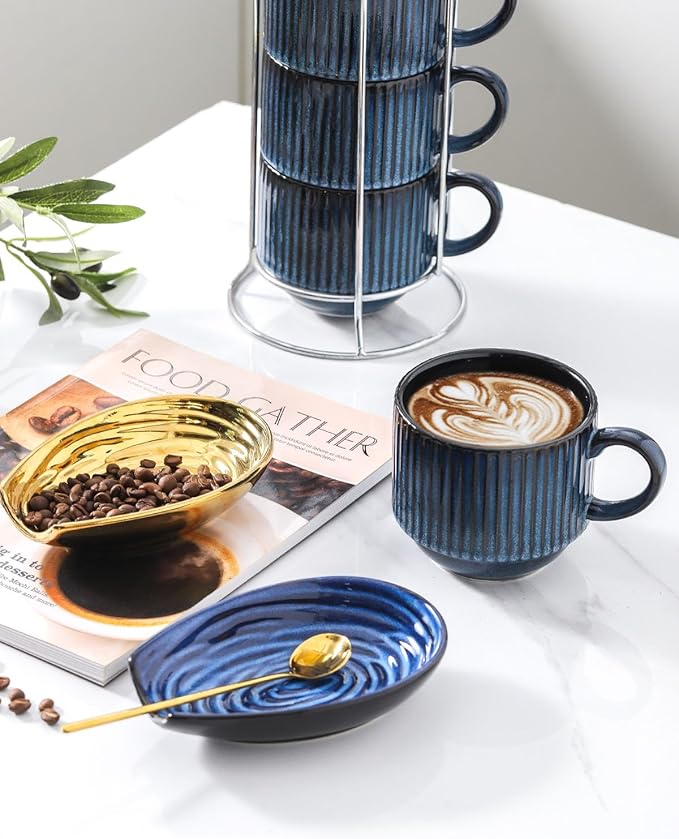 Hasense Spoon Rests Set of 2 for Stove Top, Large Ceramic Spoon Holder for Kitchen Counter, Cooking Utensil Rest for Spatulas, Spoons and Tongs, Kitchen Gadget Cooking Spatula Holder, Gold and Blue