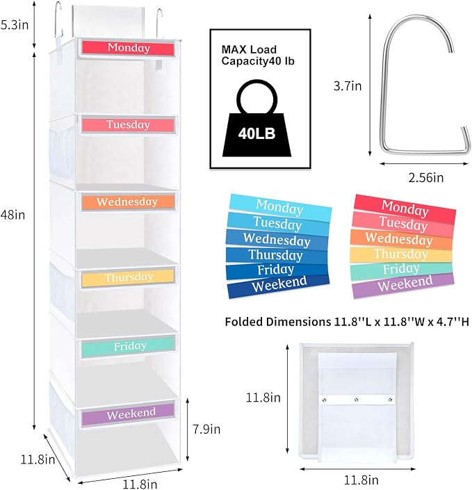 Fixwal Weekly Kids Clothes Organizer 6-Shelf Hanging Closet Storage White | - Image 3