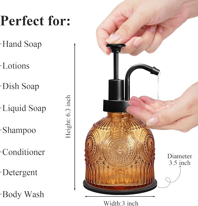 Amolliar 8 Oz Glass Vintage Soap Dispenser w/Plastic Pump, - Image 2