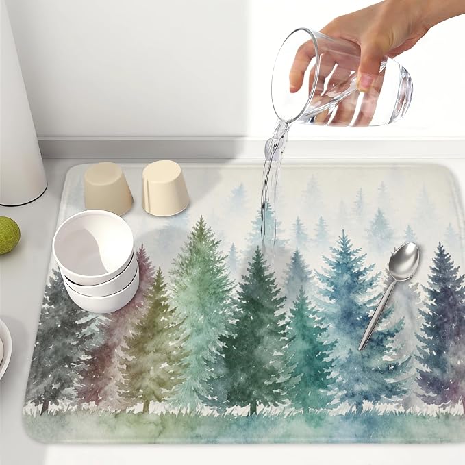 Giwawa Pine Tree Dish Drying Mat Natural Forest Fog Microfiber Dishes Pad 18x24 - Image 6