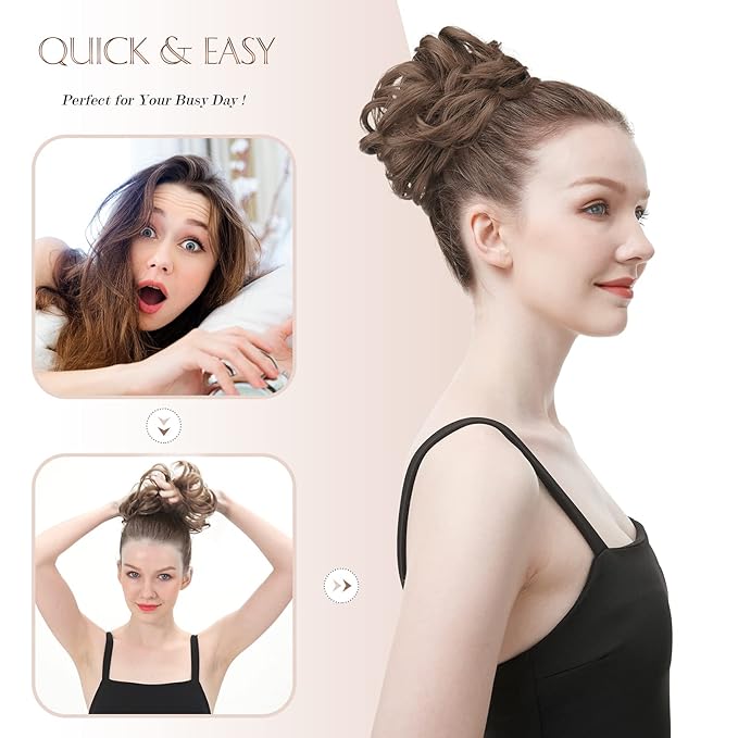 FESHFEN Large Messy Bun Hair Piece - Wavy Synthetic Chignon Scrunchies Elastic Ponytail Hair Extensions Thick Hairpieces for Women, Medium Auburn 1.94oz