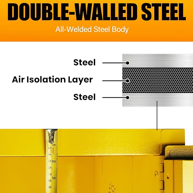 Flammable Storage Cabinet 70 Gallon Yellow, Galvanized Steel Large-Capacity Fire Resistant Cabinet, Dual Vents & 3-Point Lock for Warehouses, Industrial Use & Residential Garages