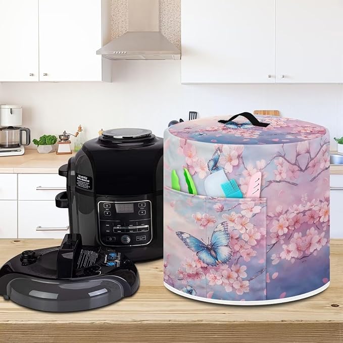 Xoenoiee Butterfly Pink Cherry Blossom Print Pressure Cooker Cover for Kitchen Appliance Dust Cover with Pockets for Rice Cooker Air Fryer Slow Cooker, for 8 Qt Pot