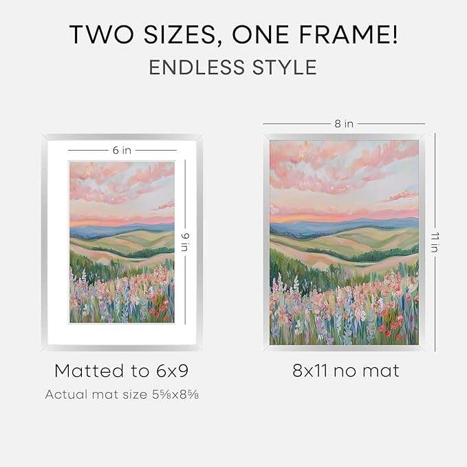 Homeforia Silver 8x11 Picture Frame, High End Metal 8 x 11 Poster Frames with Mat 6 by 9 for Photo, 11x8 Frame Matted to 6x9 inch Art, 8by11 Wall or Tabletop Frames, Tempered Glass, Wall Kit, Set of 3