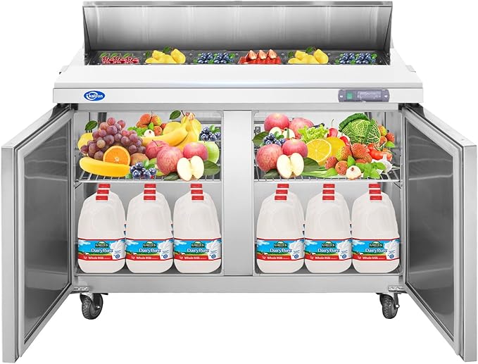 60" W 2 Door Refrigerator Sandwich Salad Prep Table Commercial Stainless Steel Fan Cooling Refrigerator with Cutting Board, 2 Shelves & 16 Pans for Restaurant, Bar, Shop-16.4 Cu.ft