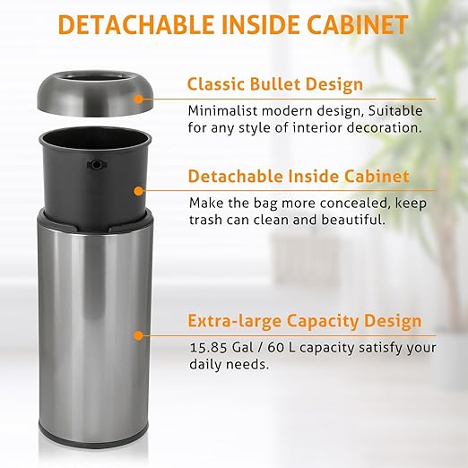 WICHEMI 16 Gallon Commercial Large Trash Can, Bullet Outdoor Trash Bin with Open Top Lid, Brushed Stainless Steel Garbage Can, Dark Silver