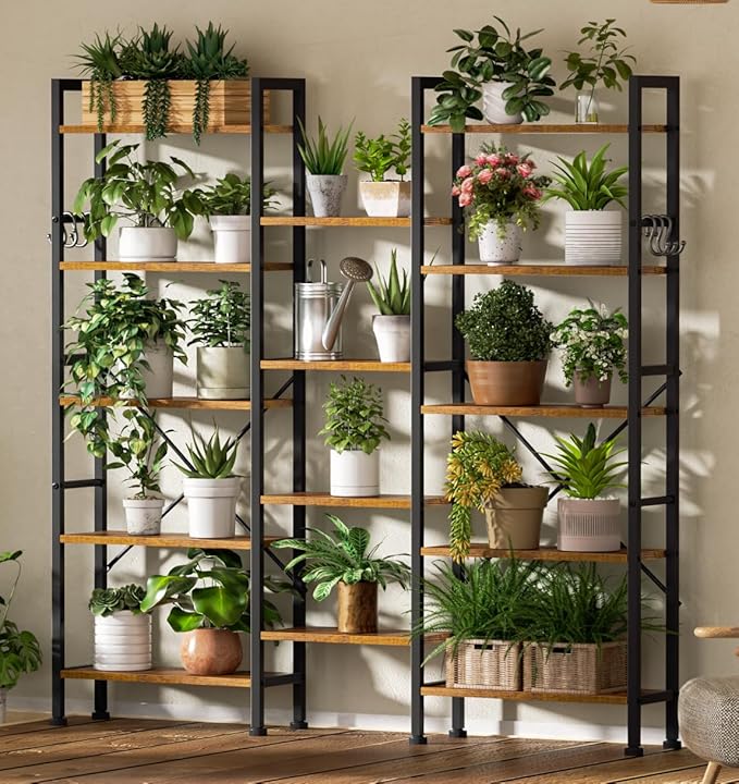 Furologee Triple 5 Tier Bookshelf, Bookcase with 14 Open Display Shelves, Wide Etagere Book Shelf, Industrial Shelving Units for Home Office, Living Room, Bedroom, Rustic Brown