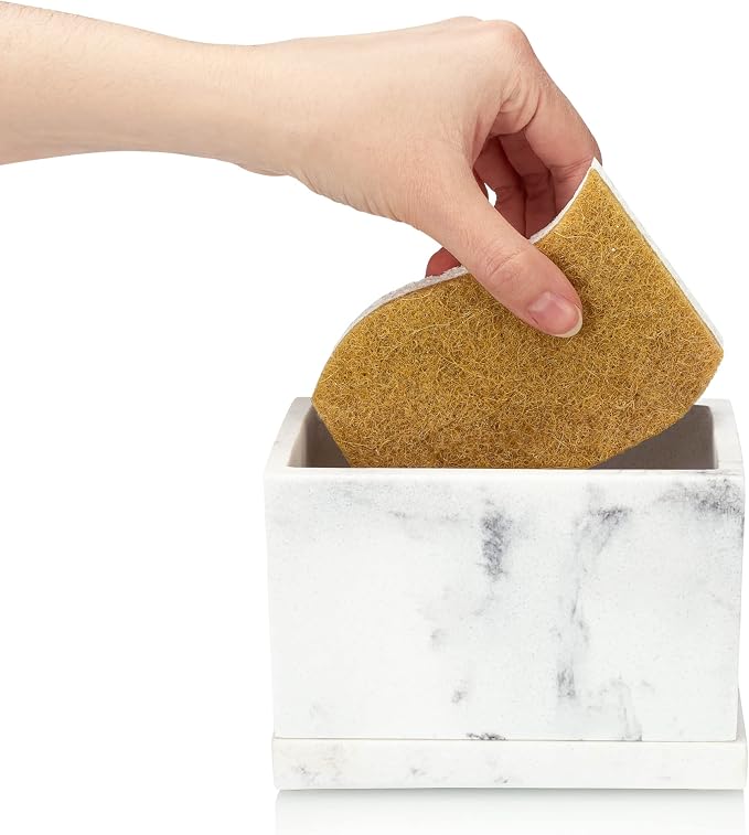Essentra Home White Marble Kitchen Sponge Holder, Modern Kitchen Sink Caddy - Image 2