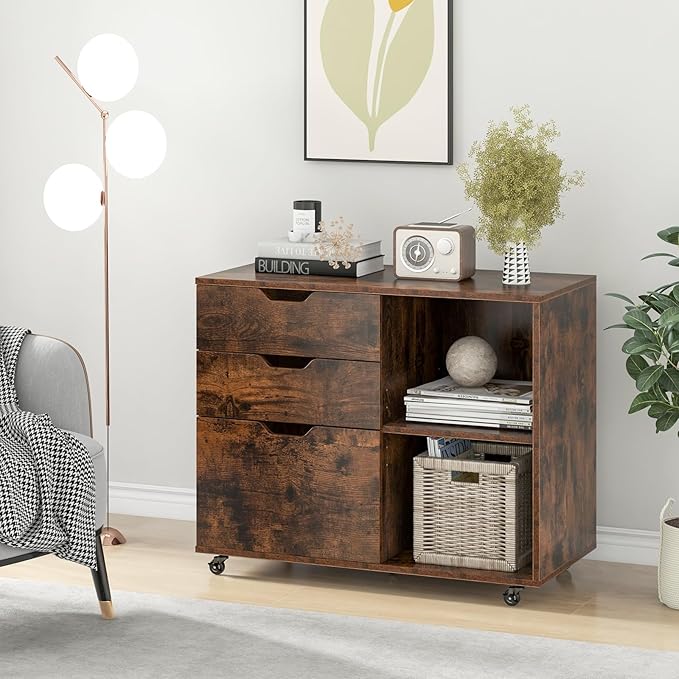 File Cabinet, Mobile Filing Cabinet w/Universal Wheels & 3 Drawers, Wood Printer Stand with Storage, Rolling File Cabinets for Home Office, Living Room, Bedroom (Rustic Brown, 3 Drawers)
