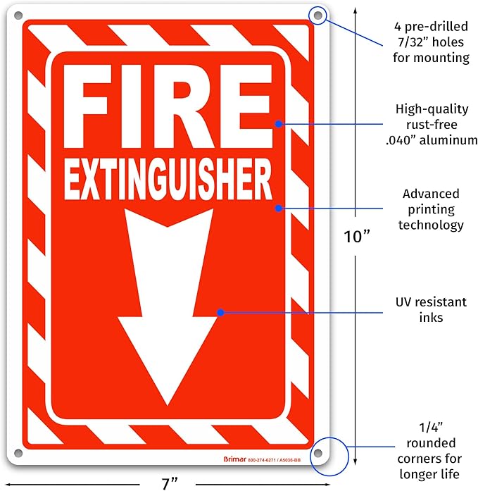 Brimar - 7" x 10" - Fire Extinguisher Sign - Rust-Free Aluminum - Bold Text And Symbol - High Visibility