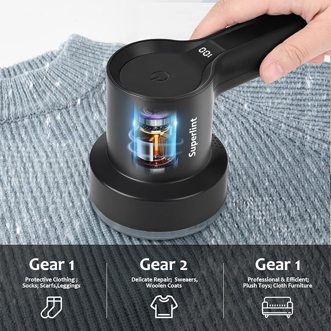 SuperLint 2-in-1 Rechargeable Fabric Shaver LED 3-Speed Lint Remover Black | - Image 4
