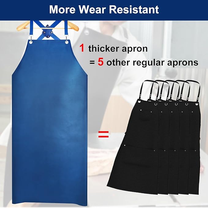 2 Pack Heavy Duty Vinyl Industrial Anti-Tear Apron, 43" x 26" Waterproof, Chemical Resistant, Blue, Unisex-Adults
