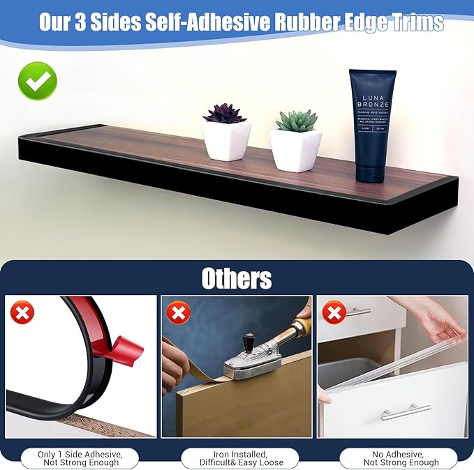 Rubber Edge Trim, Self-Adhesive U Channel Edge Protector for Plywood, Cabinet, 7/8" Wood Edge Banding, Flexible Furniture Repair, EPDM Material, Fits 7/8"(22mm), Length 20Ft, Black