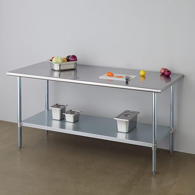 ROCKPOINT Stainless Steel Table for Prep & Work 30x72 Inches, NSF Metal Commercial Kitchen Heavy Duty Table with Adjustable Under Shelf and Table Foot for Restaurant, Home and Hotel, Silver