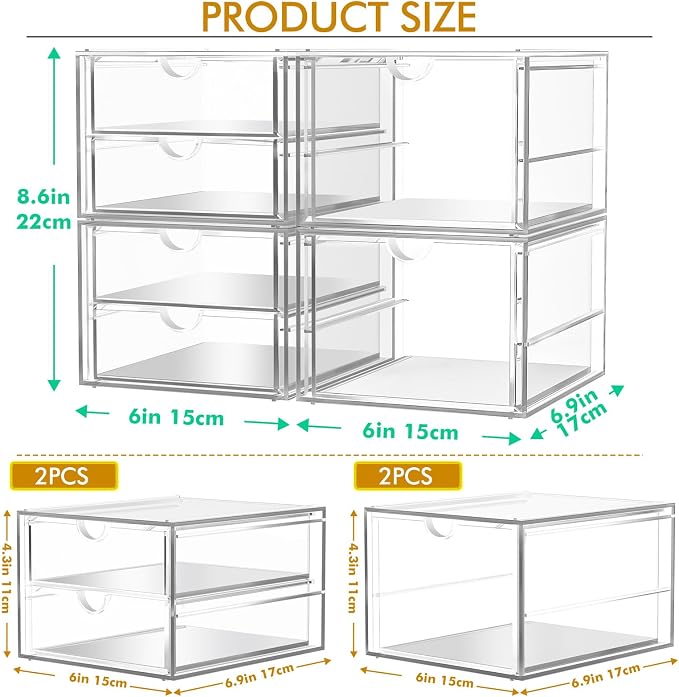 4-Pack Acrylic 6-Drawer Office & Makeup Storage Organizer, Desk | Smooth-glide - Image 3