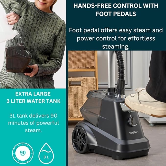 True & Tidy® Heavy-Duty Industrial Standing Garment Steamer for Clothes, 1800 watts, Extra Large 3L water tank 90+ mins of Steam Time (Matte Black, Smart Auto-Off Commercial Garment Steamer)