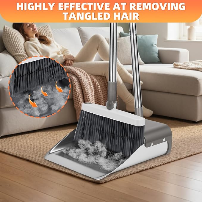 Broom with Dustpan Combo Set, Lightweight Standing Metal Dust Pan with Teeth - Image 3