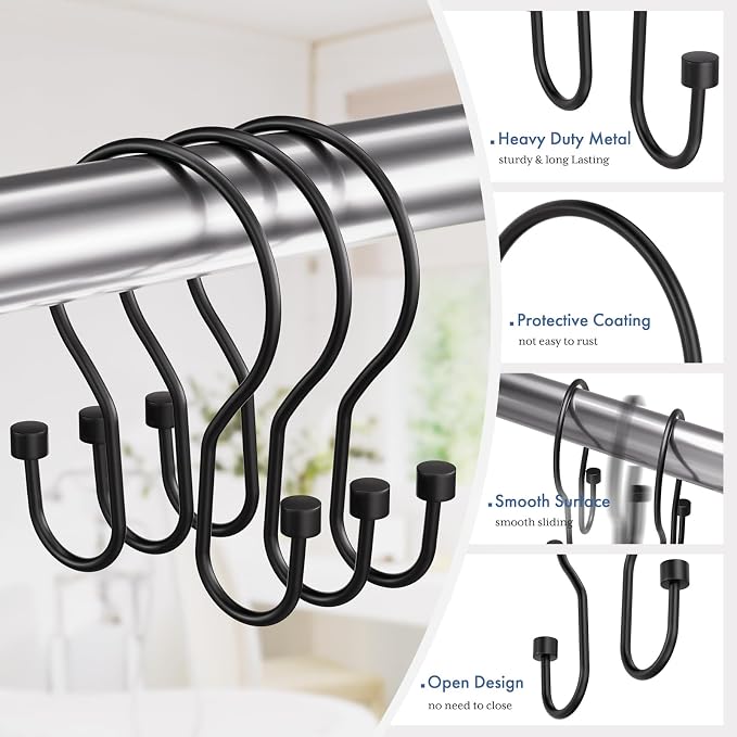 Bathway Shower Curtain Hooks Black Shower Curtain Rings, Simple Double Hook - Image 2