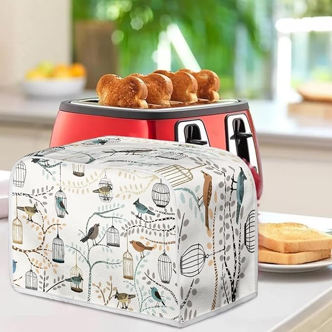 Art Birds Print Bread Maker Cover 4 Slice Dust-proof Microwave Toaster Oven Cover Washable, Anti Fingerprint Bread Machine Protector for Kitchen Accessories