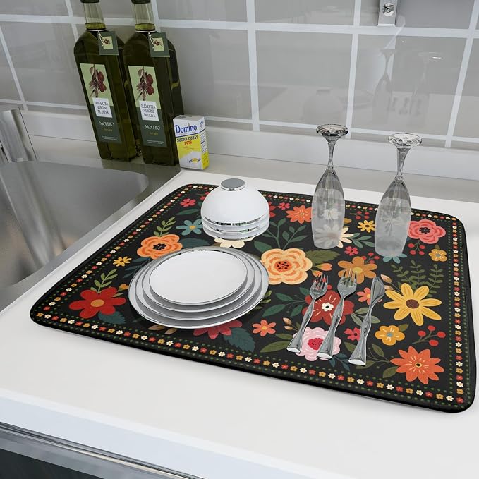 Boho Floral Dish Drying Mat 18x24 Inch Colorful Flower Dishes Dry Mats - Image 6