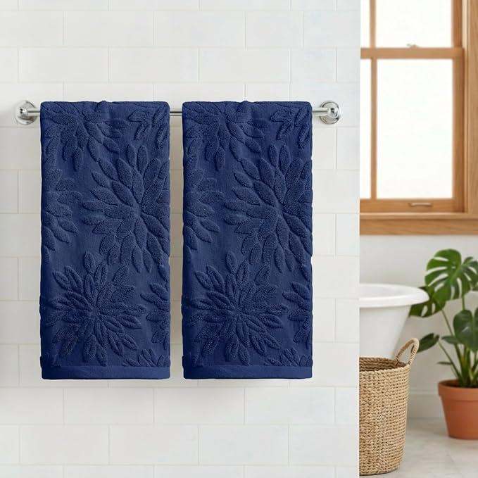 Artoid Mode 2 Pcs Navy Blue 3D Dahlia Floral Jacquard Hand Towels - Image 2