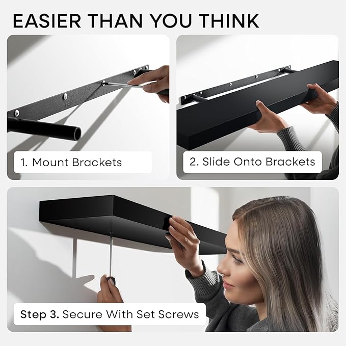 Homeforia Black Floating Shelf 48 inches, High End Solid Real Wood 48 inch Long Floating Shelves for Wall, Black Wooden 48inch Large Floating Shelves, Heavy Duty Bracket, 48 X 6.5 X 1.75 in, Set of 3