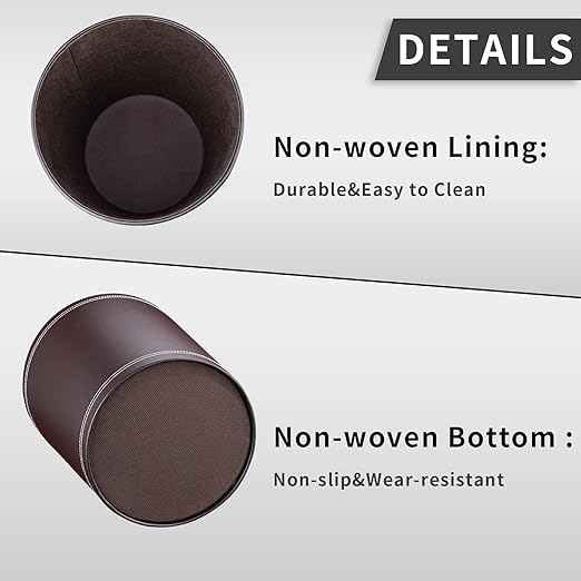 GORESE Pu Leather Trash Can for Bedroom, 2.6 Gallon Wastebasket for Office, Small Bathroom Garbage Cans for Home Decorative, Round Waste Basket Bin for Dorm Kitchen Brown