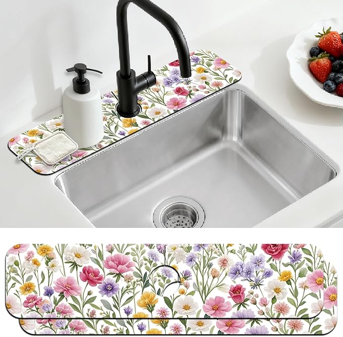 2 Pcs Kitchen Sink Splash Guard Faucet Mat Colorful Watercolor Flowers and by CONCHLERY%E6%97%97%E8%88%B0%E5%BA%97