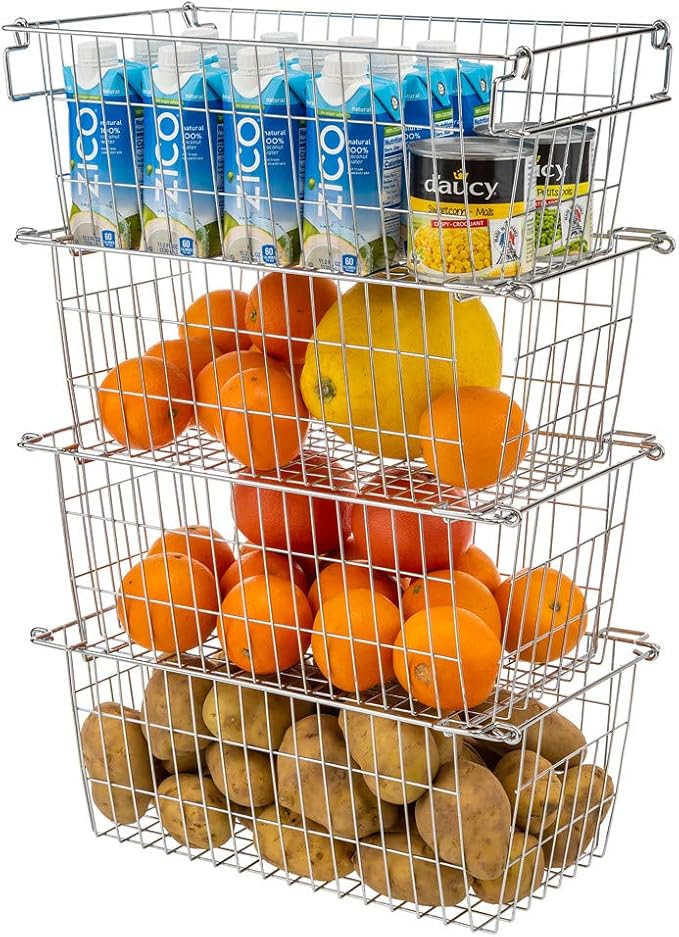 SANNO Chest Freezer Basket Stackable Baskets, Pantry Storage and Organization Chest Freezer Bins Stackable Potato and Onion Storage Bin Metal Baskets for Storage,set of 4
