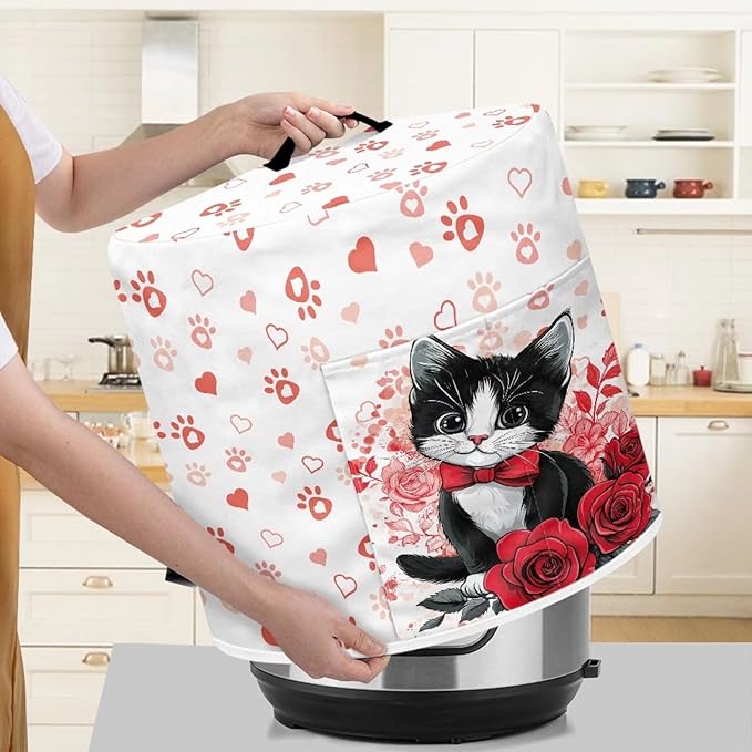Cat Rose Heart Love Print Dust Cover for 8 Quart Instant Pot, Dust Proof Pressure Cooker Cover Valentine's Day Decoration Electric Appliance Cover Air Fryer Accessories with Pocket and Handle
