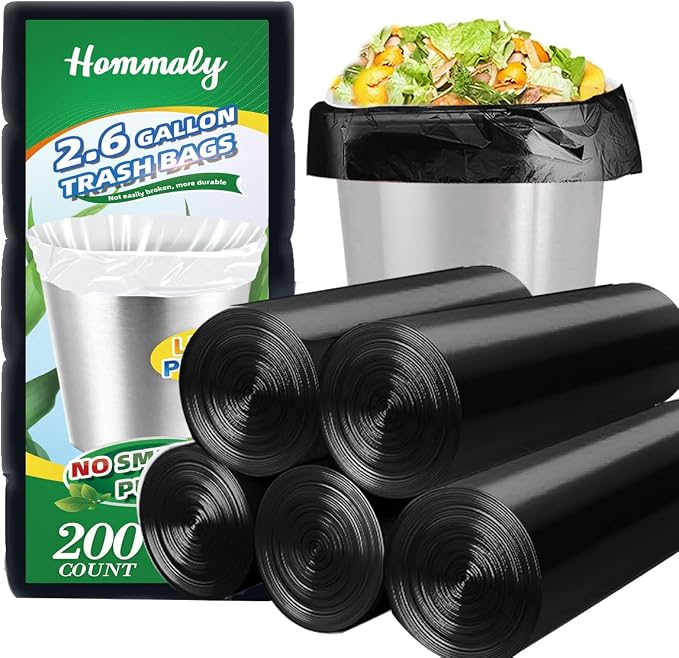 Hommaly 2.6 Gallon 200 pcs Small Black Trash Bags, Strong 2.5 Gallon Garbage by HOMMALY