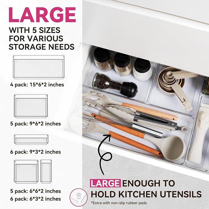 Large Drawer Organizer Bins 26 Pack | Complete 5 Size Clear Plastic Kitchen - Image 2