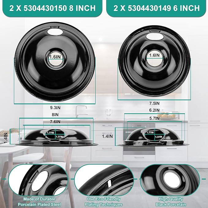 5304430149 5304430150 Porcelain Drip Pan Set & MP22YA Electric Range Burner Element Unit Set with 330031 Range Burner Receptacle Kit Compatible with Frigidaire Kenmore Range Oven/Stove by Cenipar