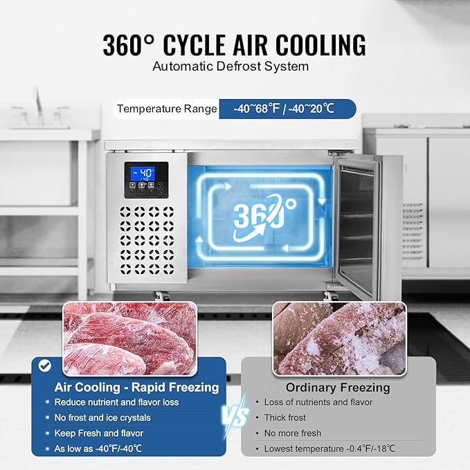 VEVOR 80 L Blast Chiller, 3 Trays Commercial Flash Freezers, <-31~68°F> 4 Modes Chest Shock Frozen, 304 Stainless Steel Flash Freezer, 360° De-frost Blast Chiller with Casters for Seafood, Ice Cream