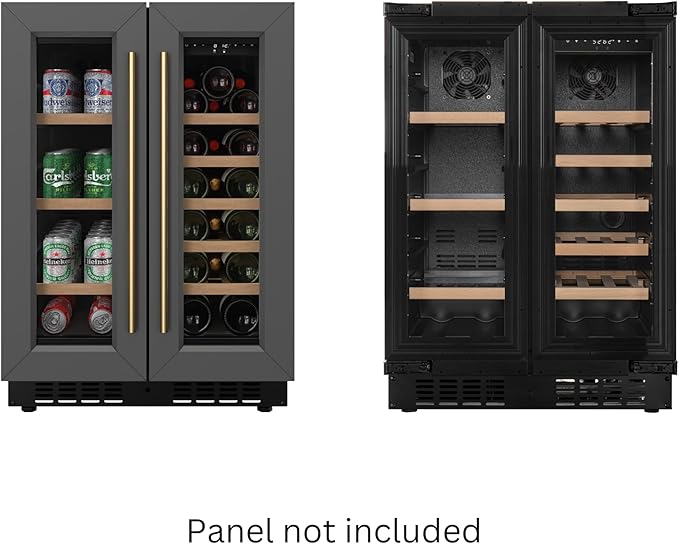KoolMore Reserve 24 in. French Door Dual Zone Panel Ready Under-Counter Cooler with Wooden Shelves and 20 Bottle Capacity in the Right Zone and 2.1 Cu. Ft. on the Left in Black (KM-CWB24-WPR)