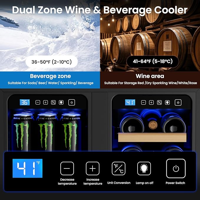 Wine and Beverage Refrigerator, 24’’ Daul Zone Wine Fridge, Freestanding Under Counter Refrigerator, Stainless Steel Beverage Cooler with Adjustable Shelves, Holds 21 Bottles and 88 Cans