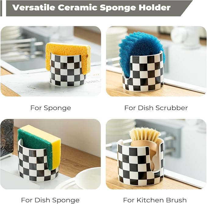 Zoeeker Sponge Holder for Kitchen Sink, Ceramic Checkered Dish Sponge Rack - Image 4