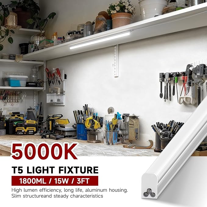 8 Pack T5 LED Shop Light, 3FT, 15W, 5000K 1800LM, Linkable Utility Fixture for Under Cabinet, Kitchen, Garage, Basement, Workshop Lighting, Easy Installation, Plug & Play