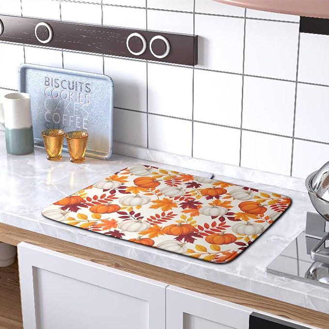 Fall Dish Drying Mat for Kitchen Counter Autumn Orange White Pumpkin Maple - Image 5