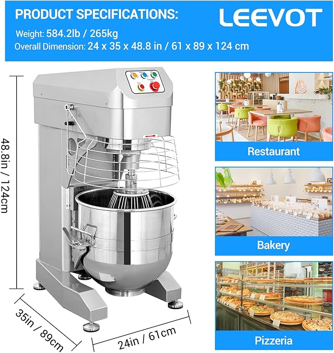 60Qt Commercial Dough Mixer by LEEVOT - 3000W Heavy Duty Electric Stand Mixer, 3 Speeds Planetary Floor Mixer with Stainless Steel Bowl, for Kitchen, Bakery, Pizzeria (230V 1-Phase)