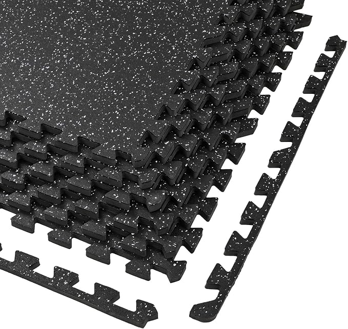 Xspec 1/2" Thick 48 sq ft (12 Tiles) Interlocking Rubber Top EVA Foam Exercise Mat | Home Gym Mats Workout Flooring Tiles for Gyms, Fitness Rooms | Durable Grip Protective Flooring, Black/Grey