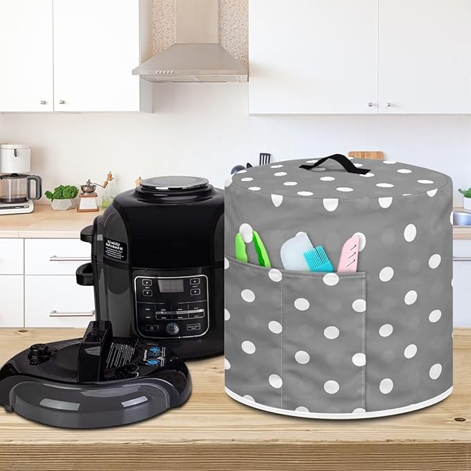 Small Appliance Covers for Air Fryer & Electric Rice Cooker, Grey Polka Dot Pressure Cooker Dust Covers for Kitchen Appliances 3 qt Accessories with Storage Pockets