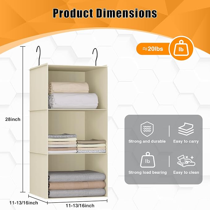Hanging Closet Organizer 3-Shelf, Oxford Fabric Wardrobe Storage, shoes & - Image 3