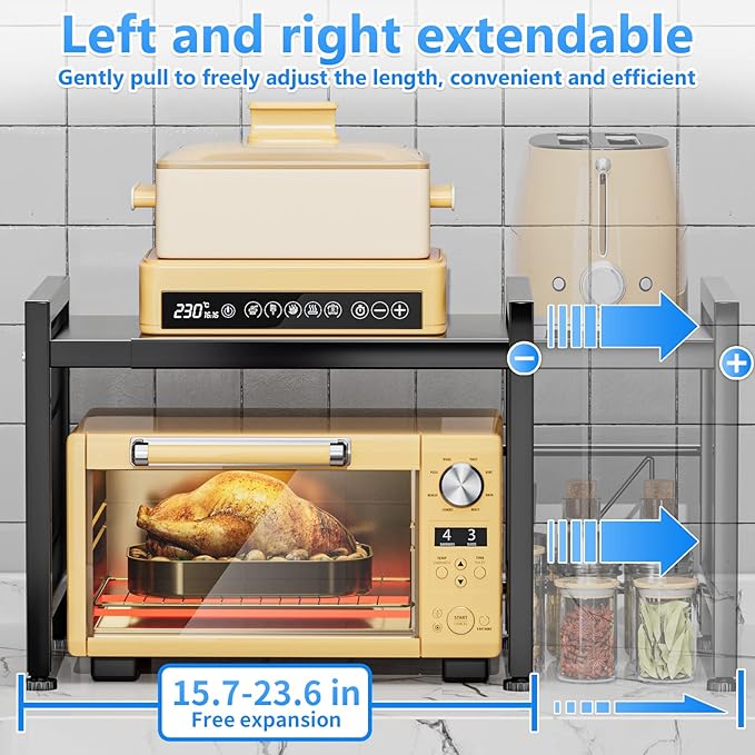 Extendable Microwave Oven Rack - Over Microwave Shelf Countertop 2 Tier Kitchen Microwave Stand (L15.7~23.6" xW12.8 xH17.7) with Spice Rack and 6 Hooks Black